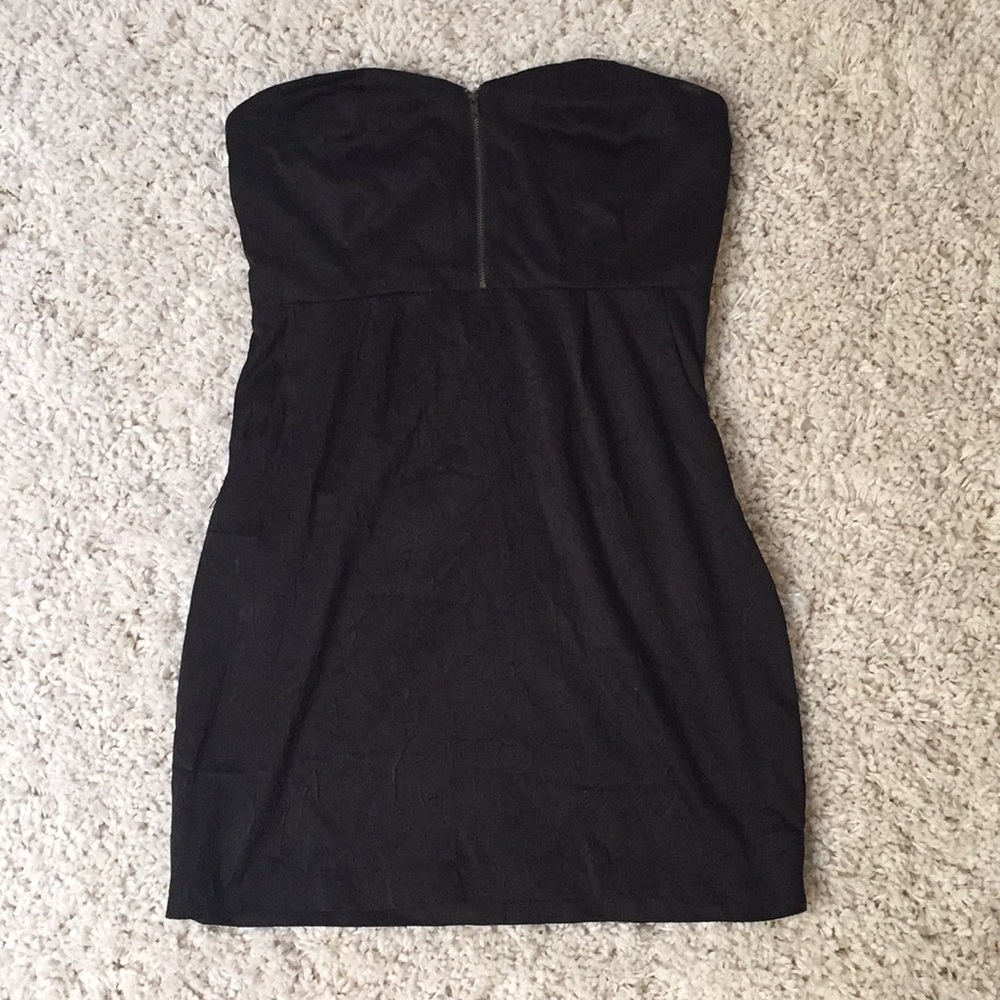 Black strapless mini dress with satin finish